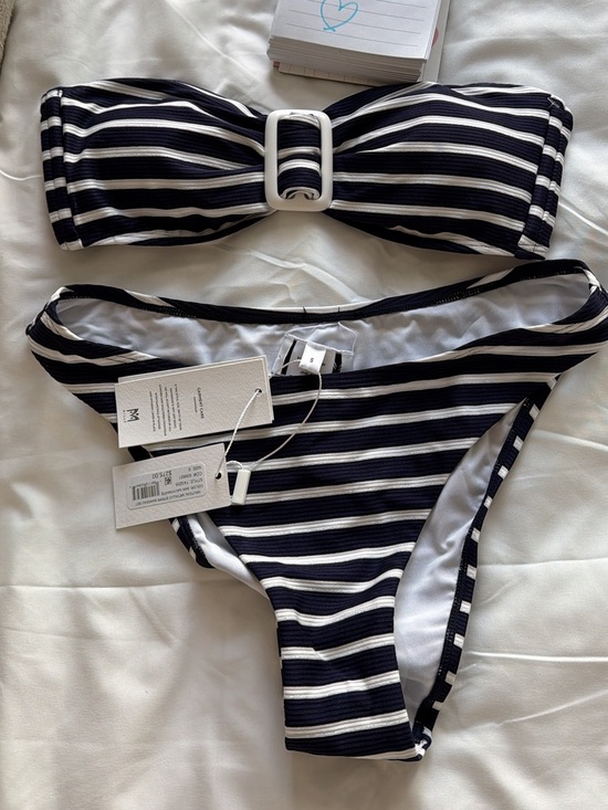 Milly Other - Milly Navy and White Striped Bandeau Bikini with Center Buckle